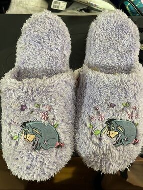 Lavender Fluffy Eeyore Embroidered Slippers